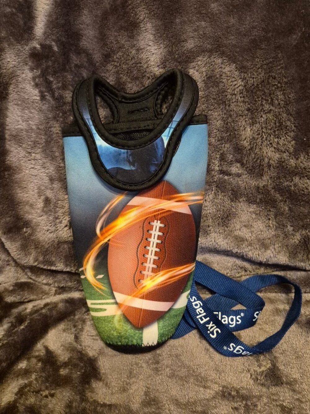 Whirl wind Football Six Flags BOTTLE SLEEVE Insulator and Strap NWOT